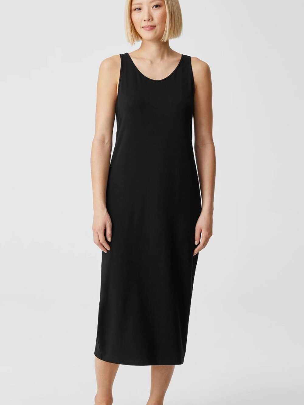 Eileen Fisher System Column Viscose Jersey Tank Maxi Dress Black Size L Made USA